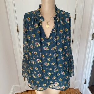 LOFT Green Floral Blouse with Bell Sleeves - Size Medium